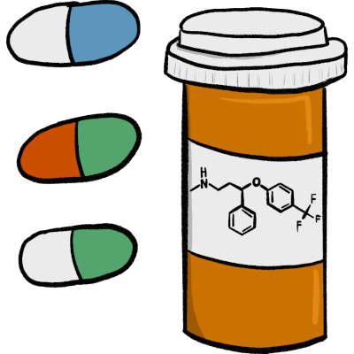 a pill bottle with the chemical makeup of prozac on the label. To the left are three capsule pills  (white and blue, orange and green, white and green) stacked vertically